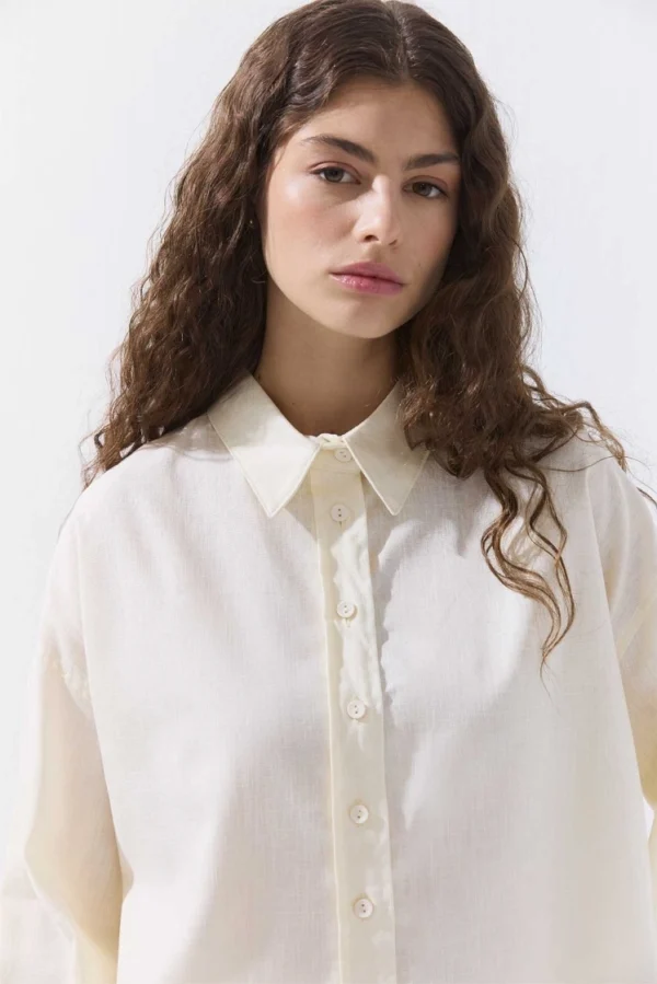 Hooops Lyocell Keten Basic Kısa Gömlek HY25175-EKRU - Görsel 2