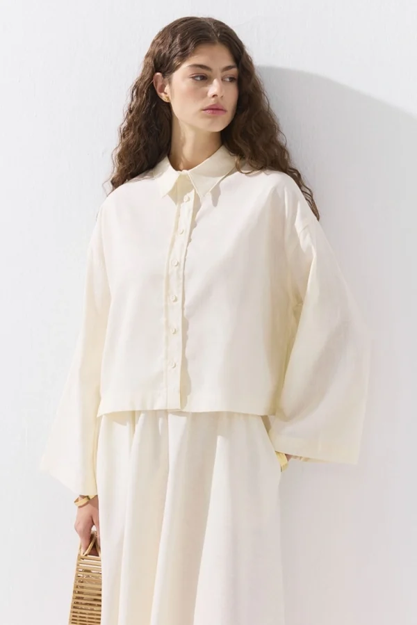 Hooops Lyocell Keten Basic Kısa Gömlek HY25175-EKRU - Görsel 1